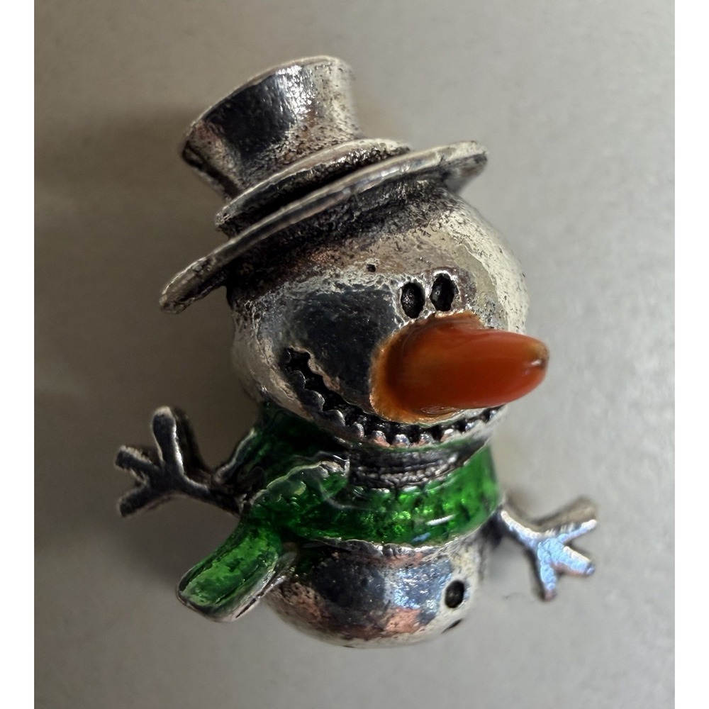 925 Sterling Silver Snowman Charm Green Scarf Orange Nose Top Hat Holiday